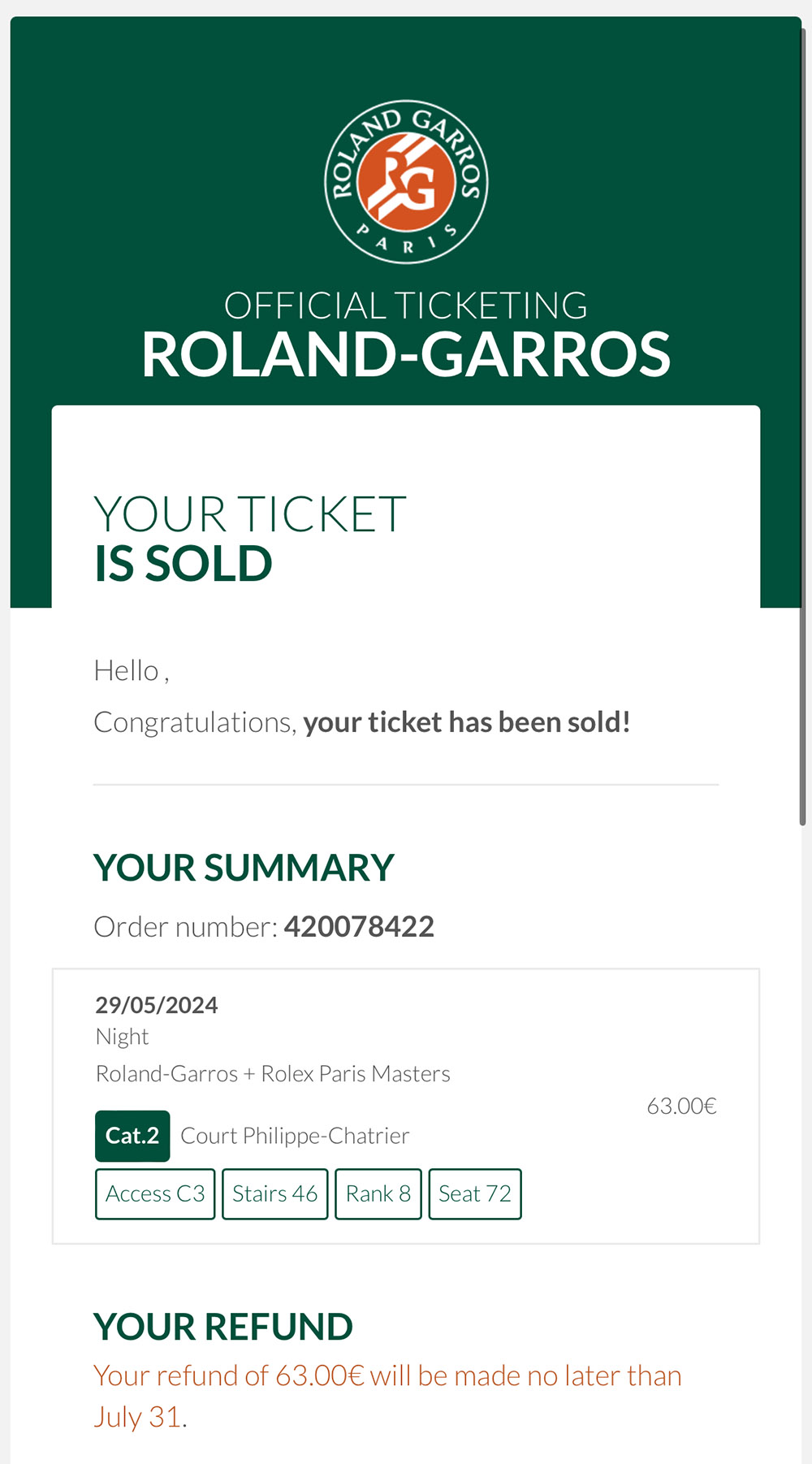 Roland Garros: reselling tickets